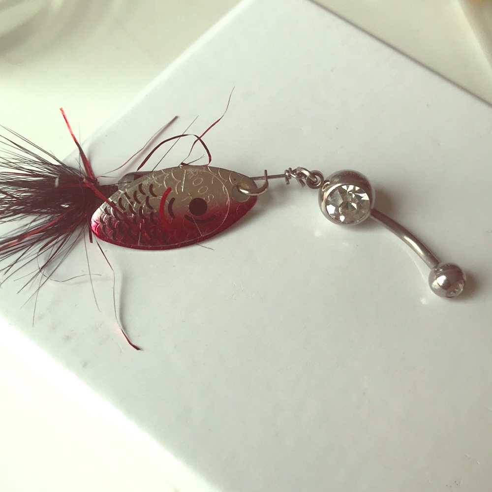 Belly button ring with fishing lure dangle
